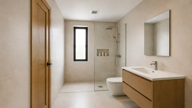 A bathroom redesign preview shot in a bright, real-estate-style composition