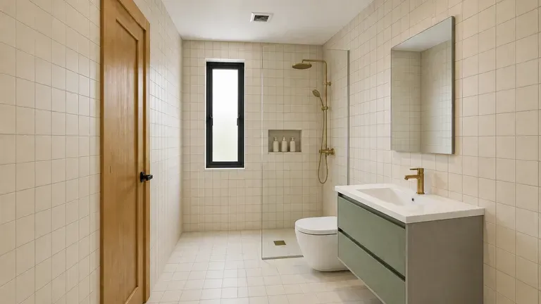 A renter's bathroom with only hardware and colour changed in the preview