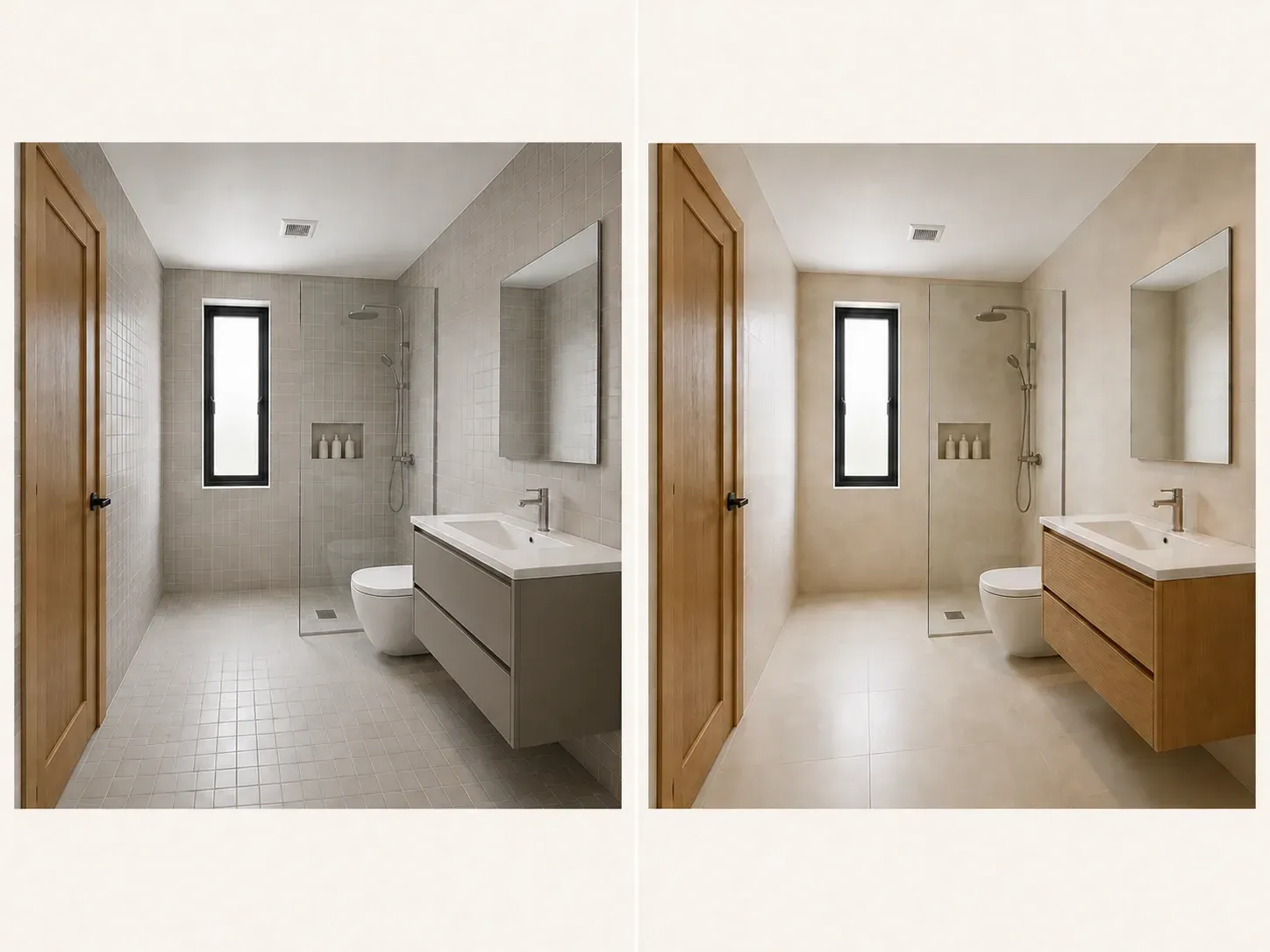 An ordinary bathroom before and after: the same camera position and fixture layout, now a modern shower with light stone tile