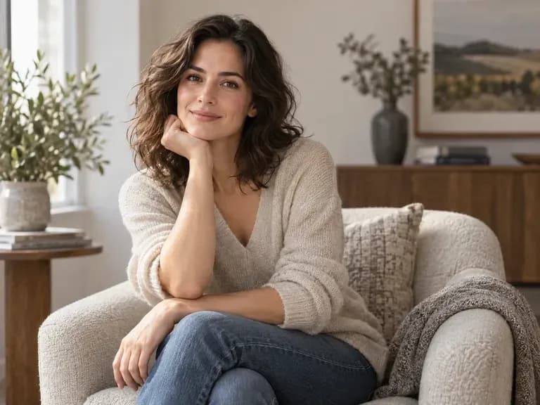 An adult woman seated in a living room in natural light