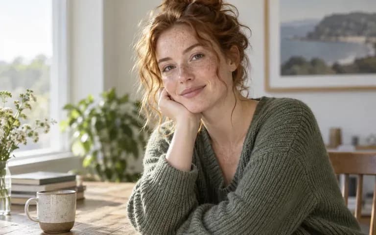 An adult portrait with visible freckles in soft daylight