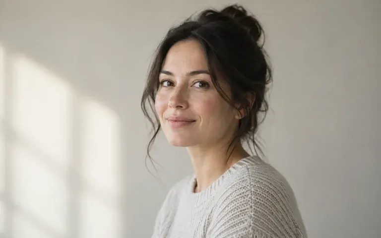 An adult portrait against a neutral wall in soft daylight