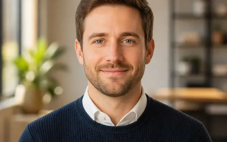 An illustrative adult headshot against a softly blurred office
