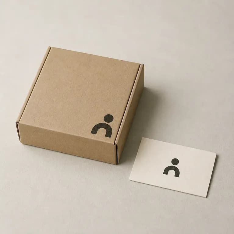 A logo mark applied to a packaging box and a business card as physical examples
