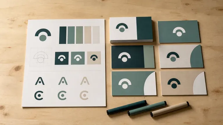 A designer's desk with brand kit cards beside proof business cards and marker pens