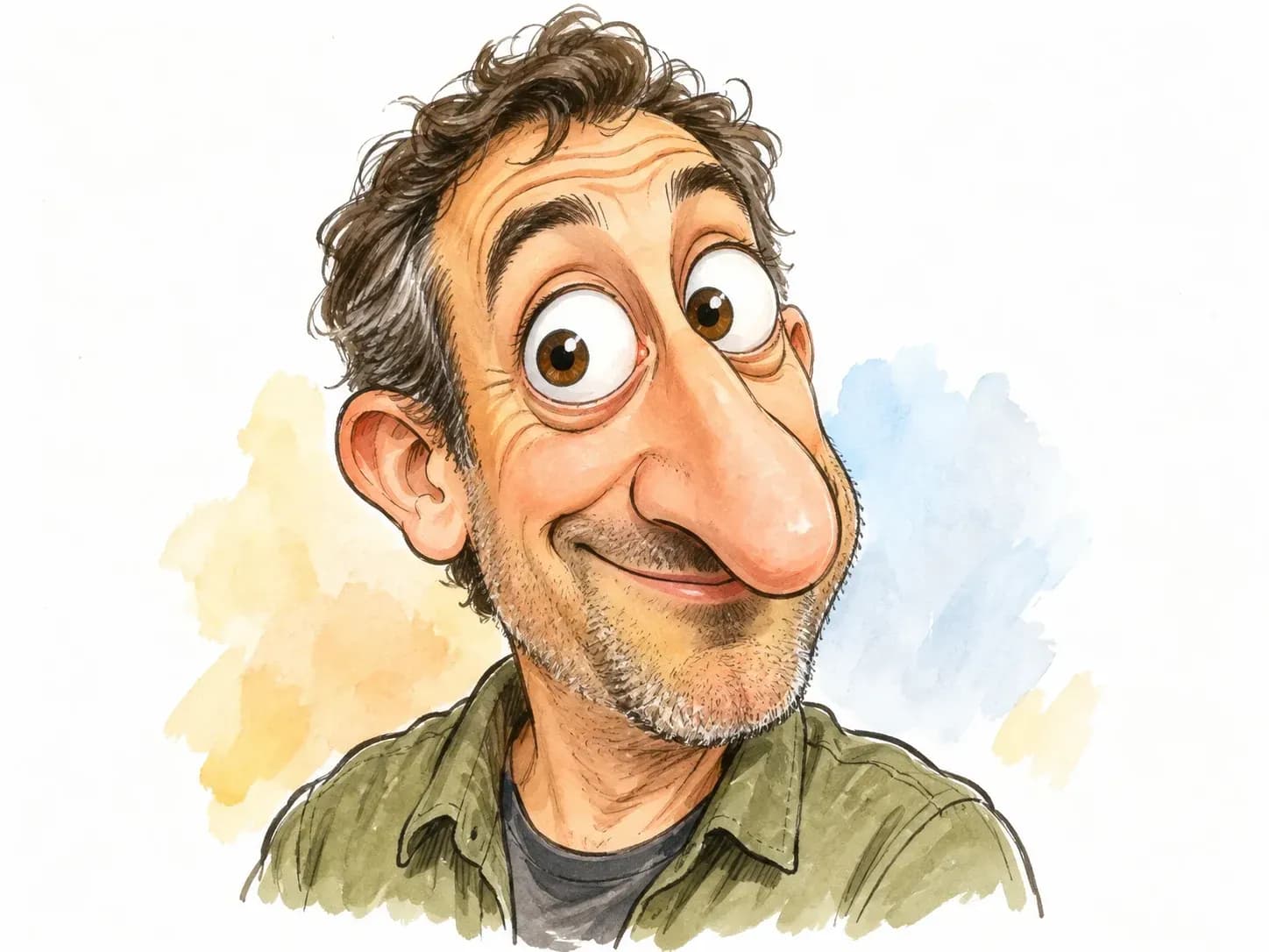 A caricature with enlarged eyes and a stretched nose