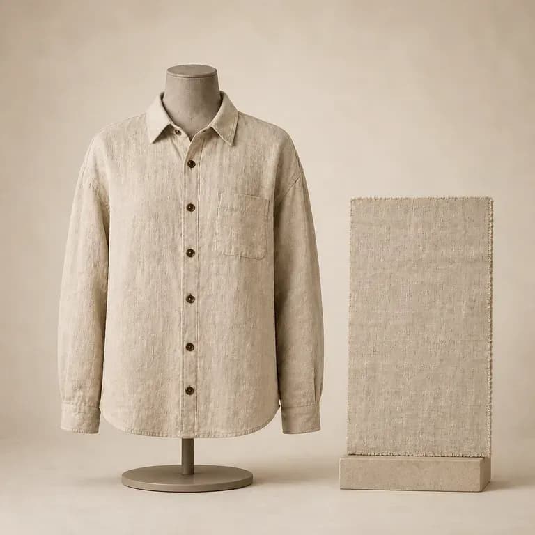 A custom garment on a dress form paired with its fabric swatch