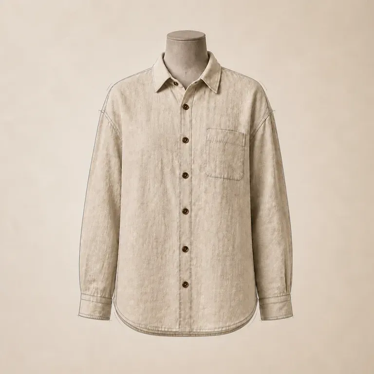 A student-project garment with a line sketch overlaid on the finished photo