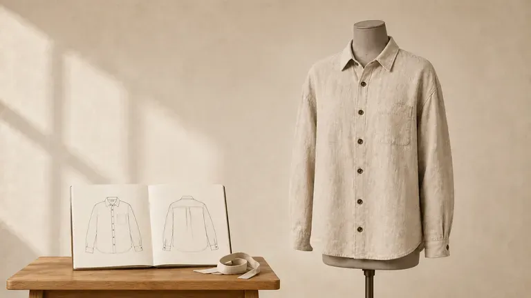 A garment on a dress form beside a sketchbook and a tape measure