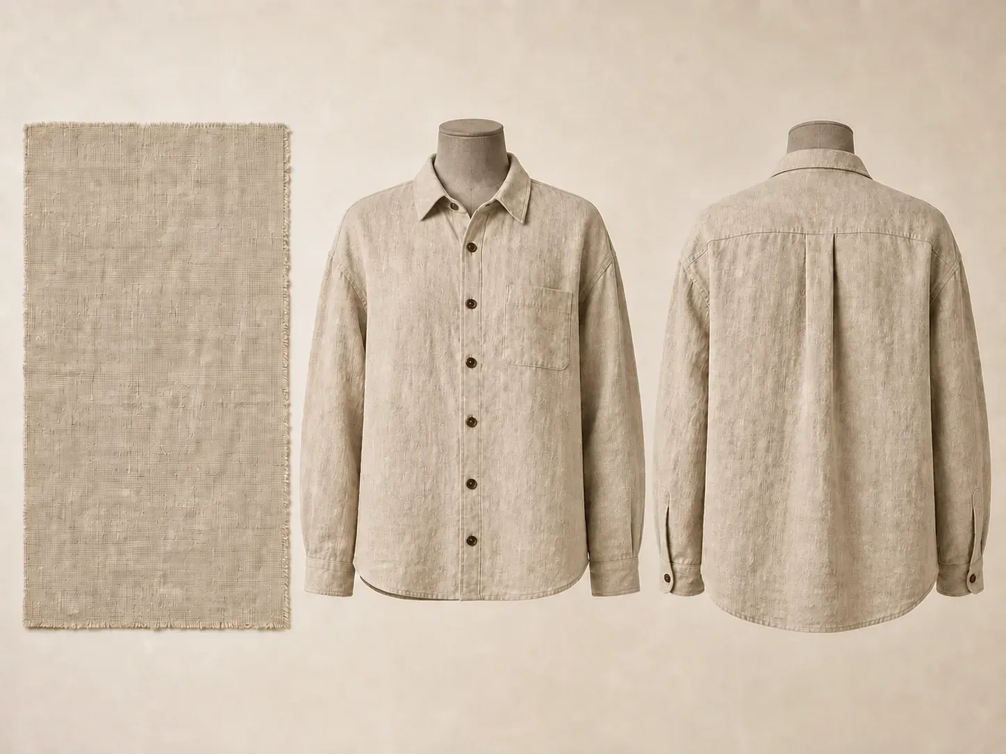 A linen fabric reference beside the same relaxed linen shirt shown front and back on a dress form