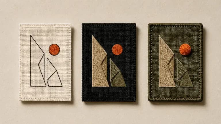 Three brand boards showing the same logo on a minimal, a bold and an embroidered label