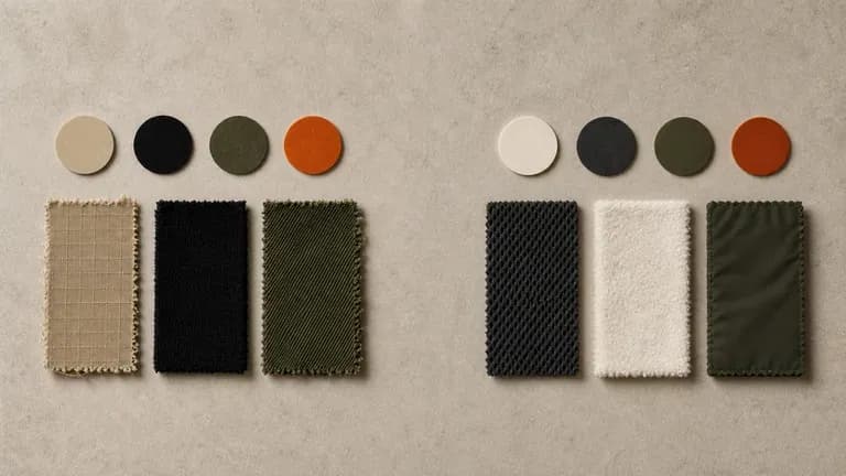 Two colour and fabric swatch sets from the same brief showing different interpretations