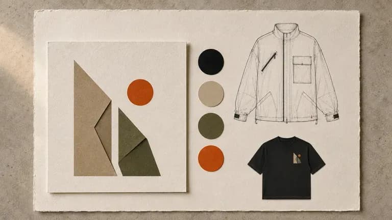 A streetwear brand board with a bold geometric logo, high-contrast colour and oversized fit sketch
