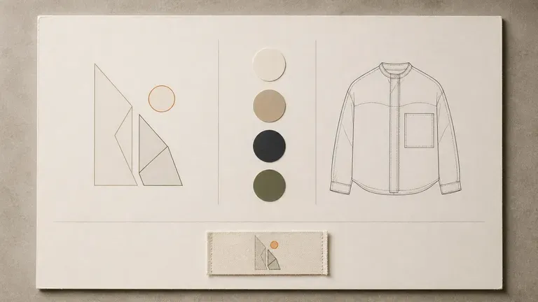 A minimal brand board with a fine-line logo, neutral colours and a clean silhouette sketch