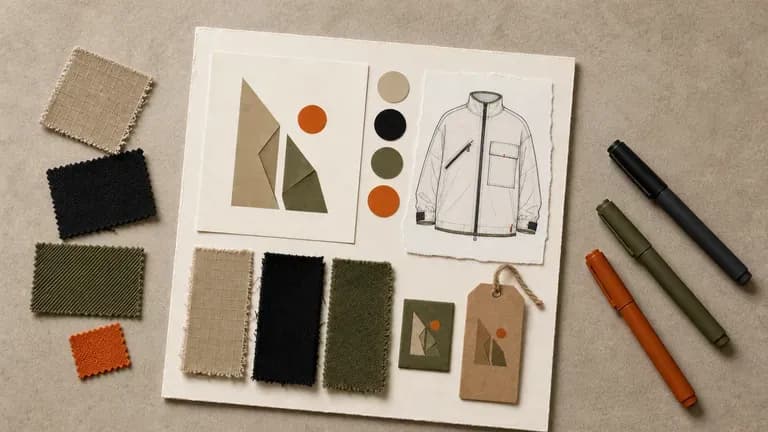 A designer's desk with a brand board beside cut fabric samples and marker pens