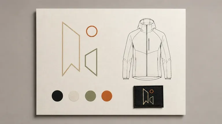 An athletic-style brand board with a technical line logo and energetic colour contrast