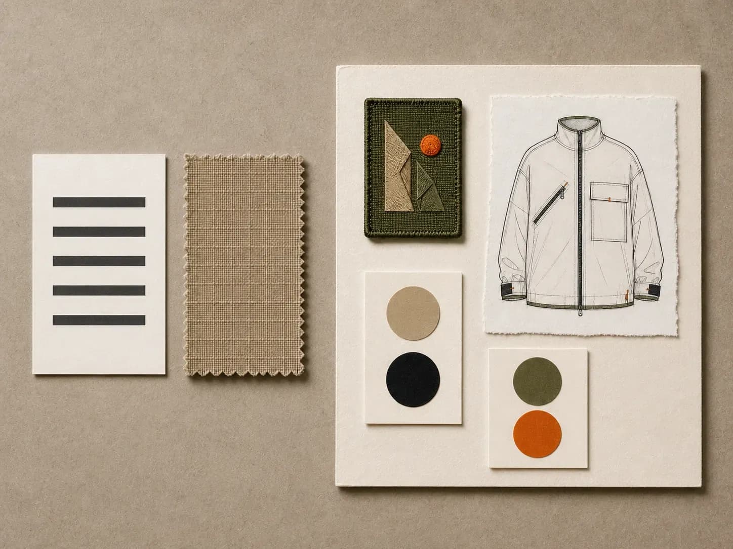 A positioning brief note and fabric swatch beside a full clothing brand board
