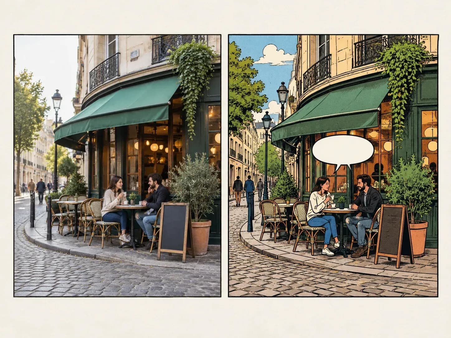 A street photo redrawn as a comic scene