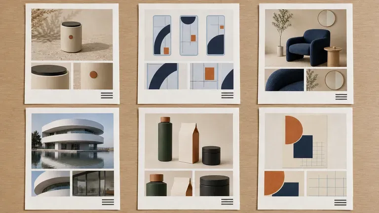 Several consistently styled portfolio pages spread across a meeting room table