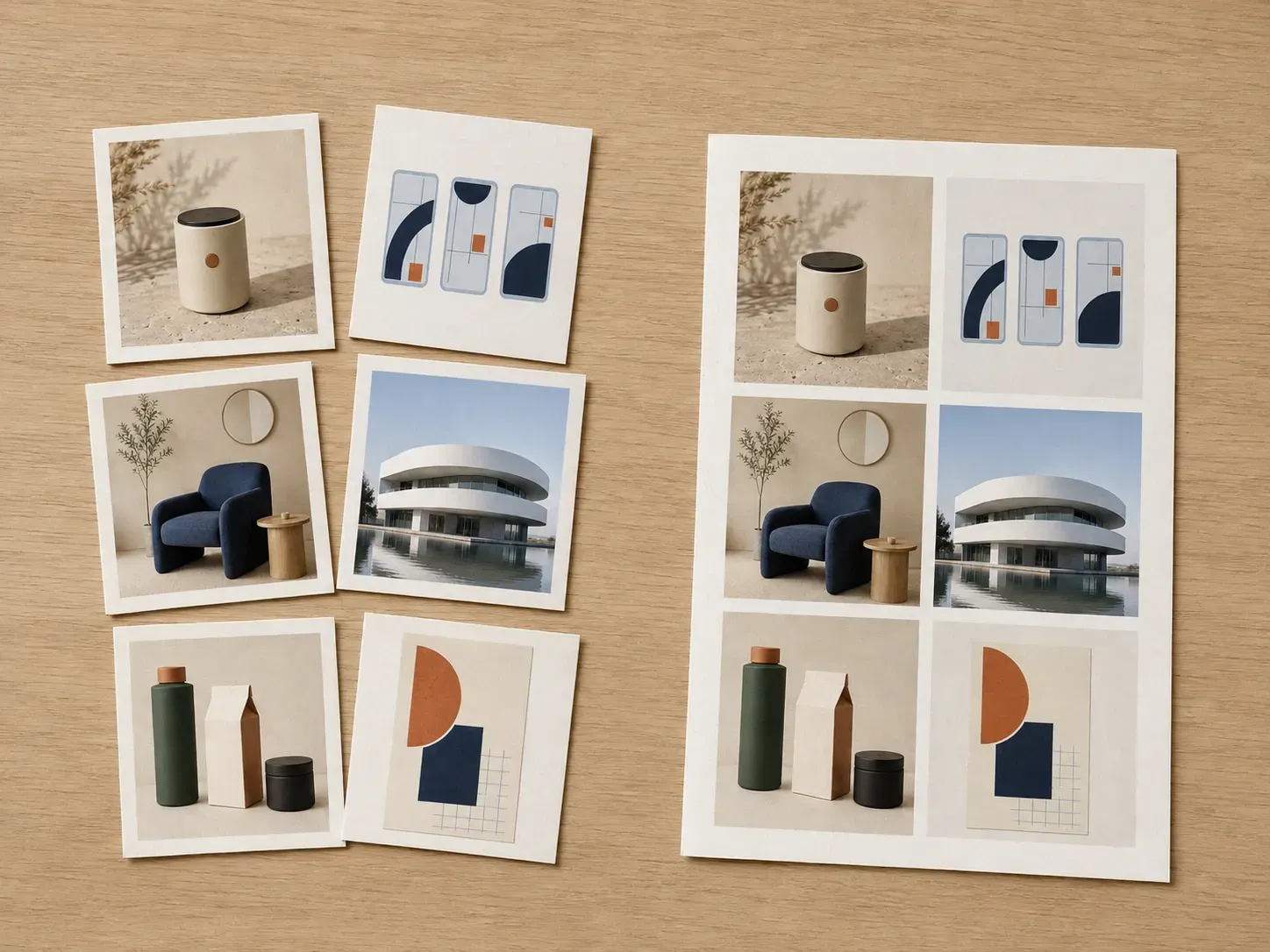 A messy stack of project thumbnails beside the same projects arranged into a tidy grid