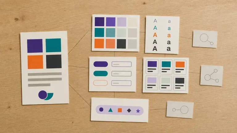 A complete component card set surrounded by a brand document and handwritten notes