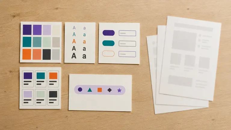 A product designer's desk with component cards beside a stack of blurred interface sketches