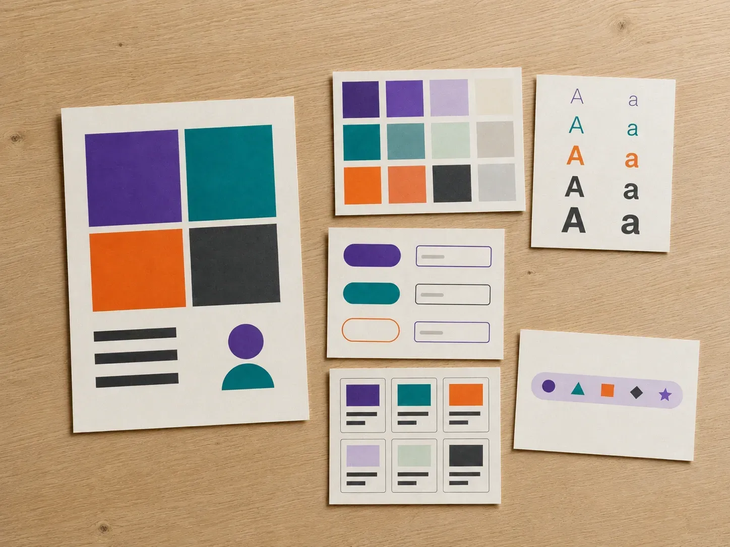 A brand guideline document beside a set of printed component cards it produced