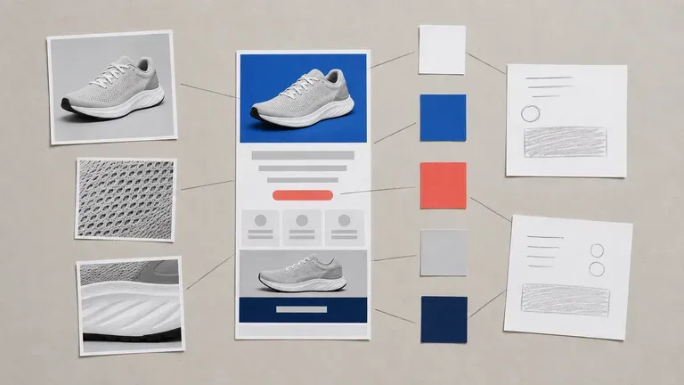 A finished email layout surrounded by product photos, brand colour cards and notes