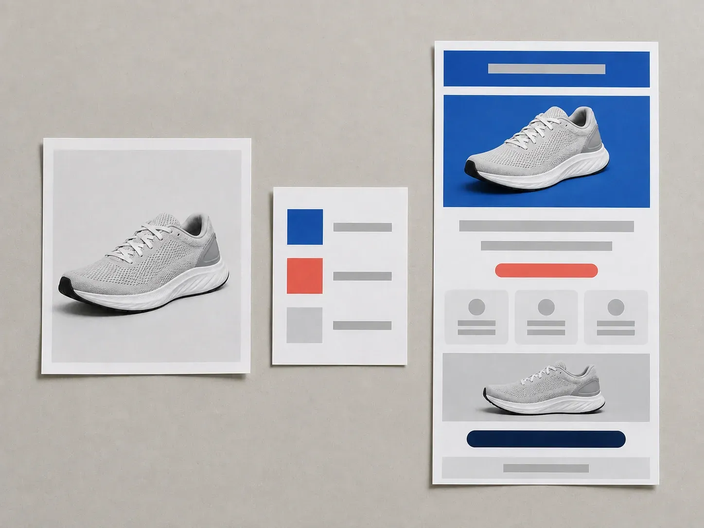 A product photo and a campaign-goal note beside a narrow email layout print