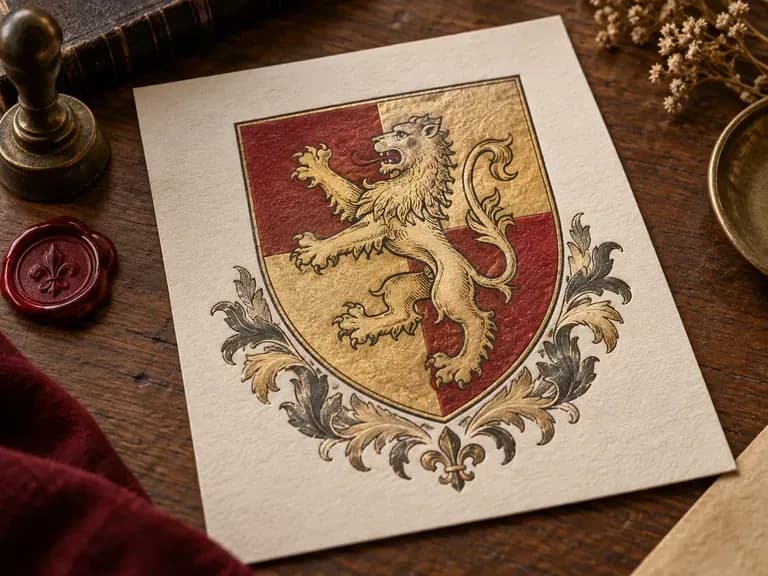 Classic Heraldic Shields: a lion rampant on a quartered field