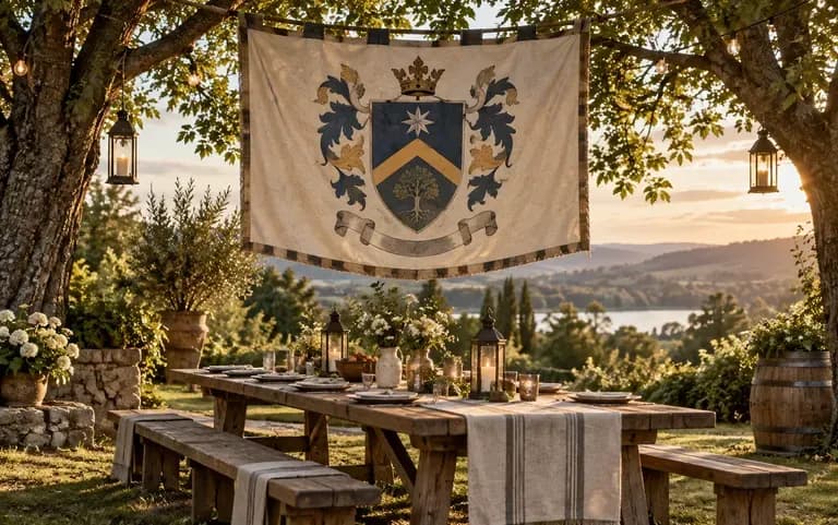 A reunion banner carrying a family crest