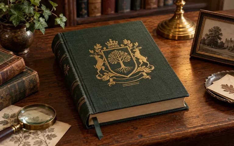 A crest on the cover of a family tree book