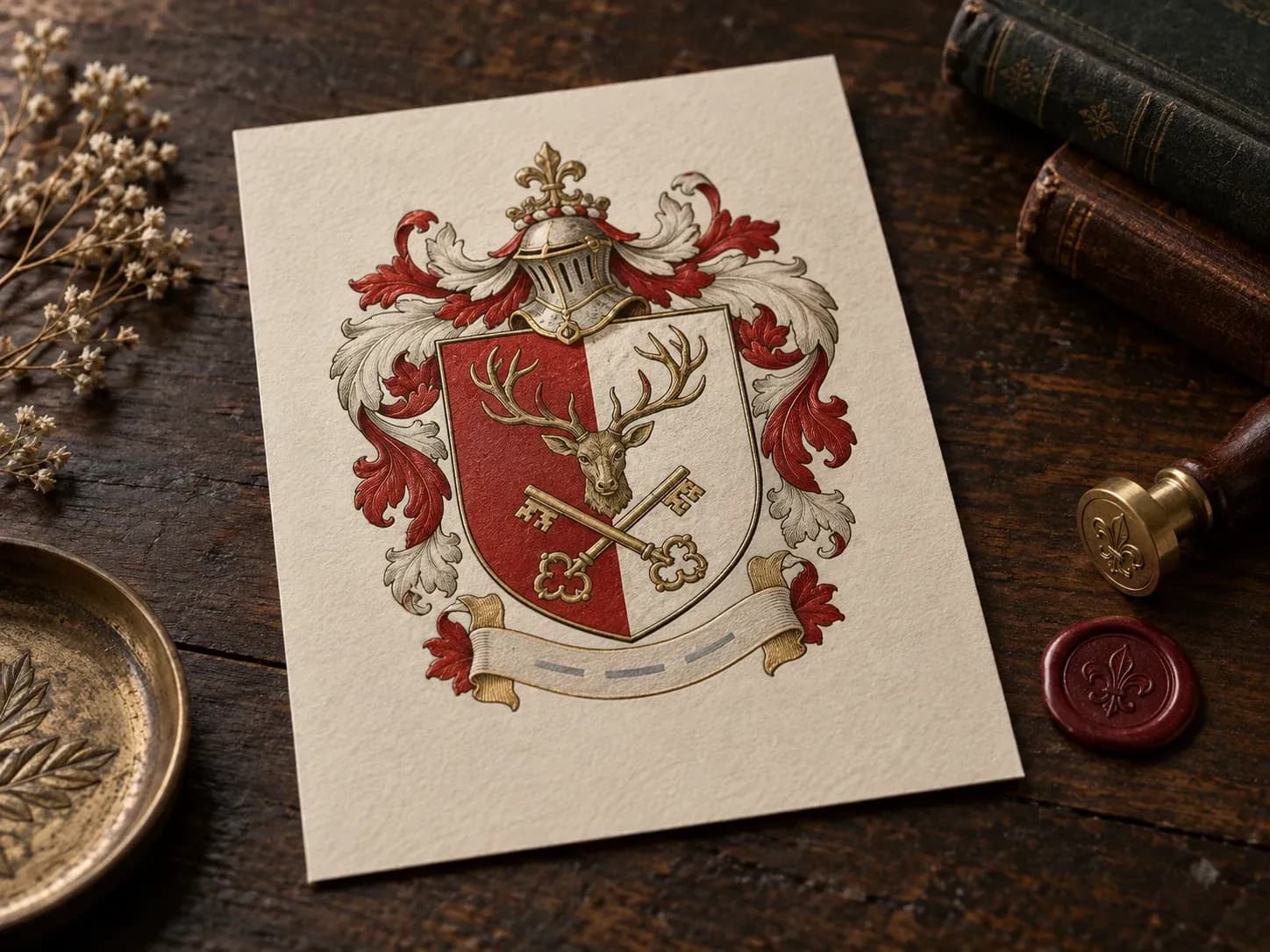 A family crest with a stag and crossed keys on a red and white shield