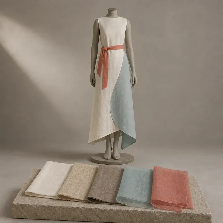 A close-up of fabric swatches stacked in front of a look, showing the colour and fabric story