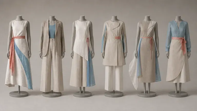 Six dress forms wearing a full collection's first-pass looks in one shared colour family
