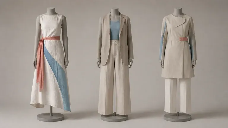 Three dress forms sharing one visible colour and fabric story across the row