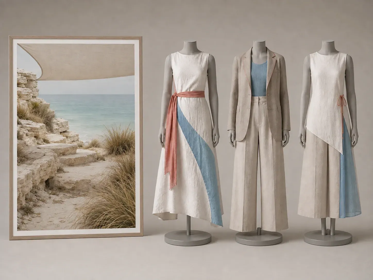 A coastal resort reference photo beside three dress forms wearing looks sharing its sandy palette