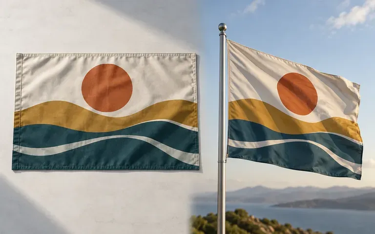 One flag design shown flat and on a flagpole