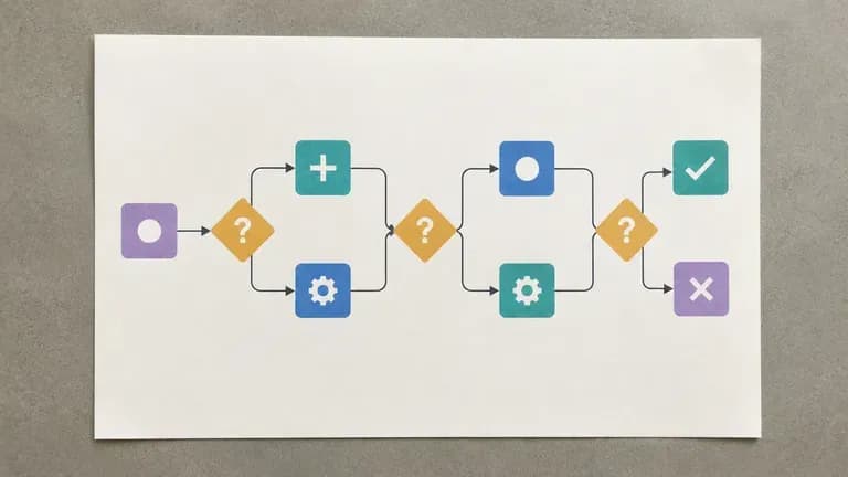 A complex flowchart with several diamond decision nodes and branching arrows