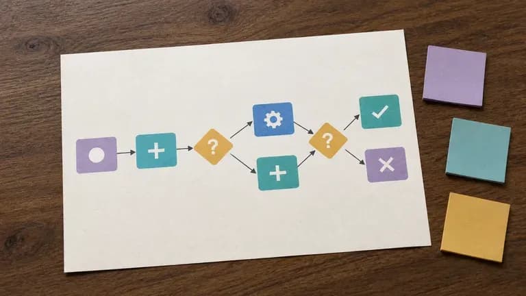 An operations flowchart printout on a meeting table beside a few sticky notes