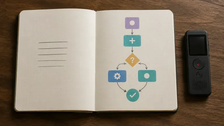 A consultant-style flowchart notebook beside a voice recorder prop