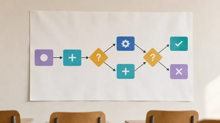 A flowchart printed as a teaching wall chart in a classroom setting