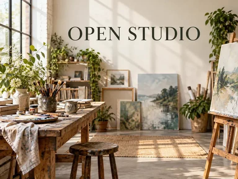 A graphic flyer concept with exact headline OPEN STUDIO