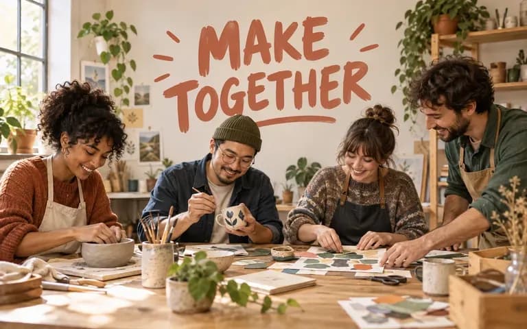 A workshop promotion concept with a group making crafts and the headline MAKE TOGETHER