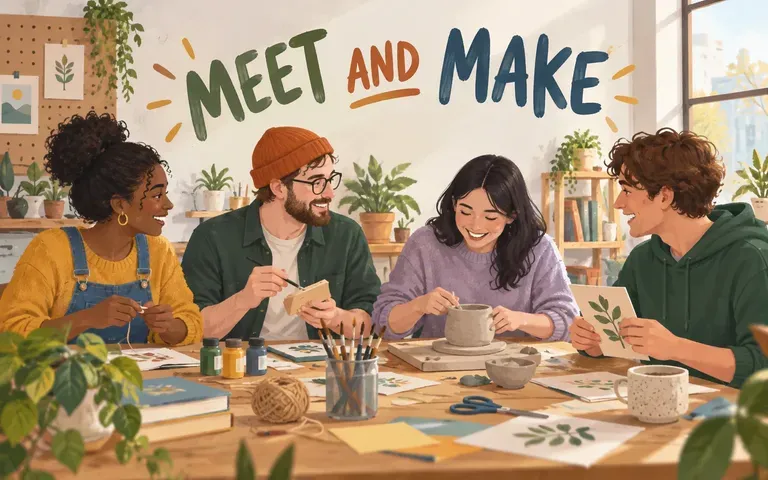 A friendly illustrated flyer concept with exact headline MEET AND MAKE