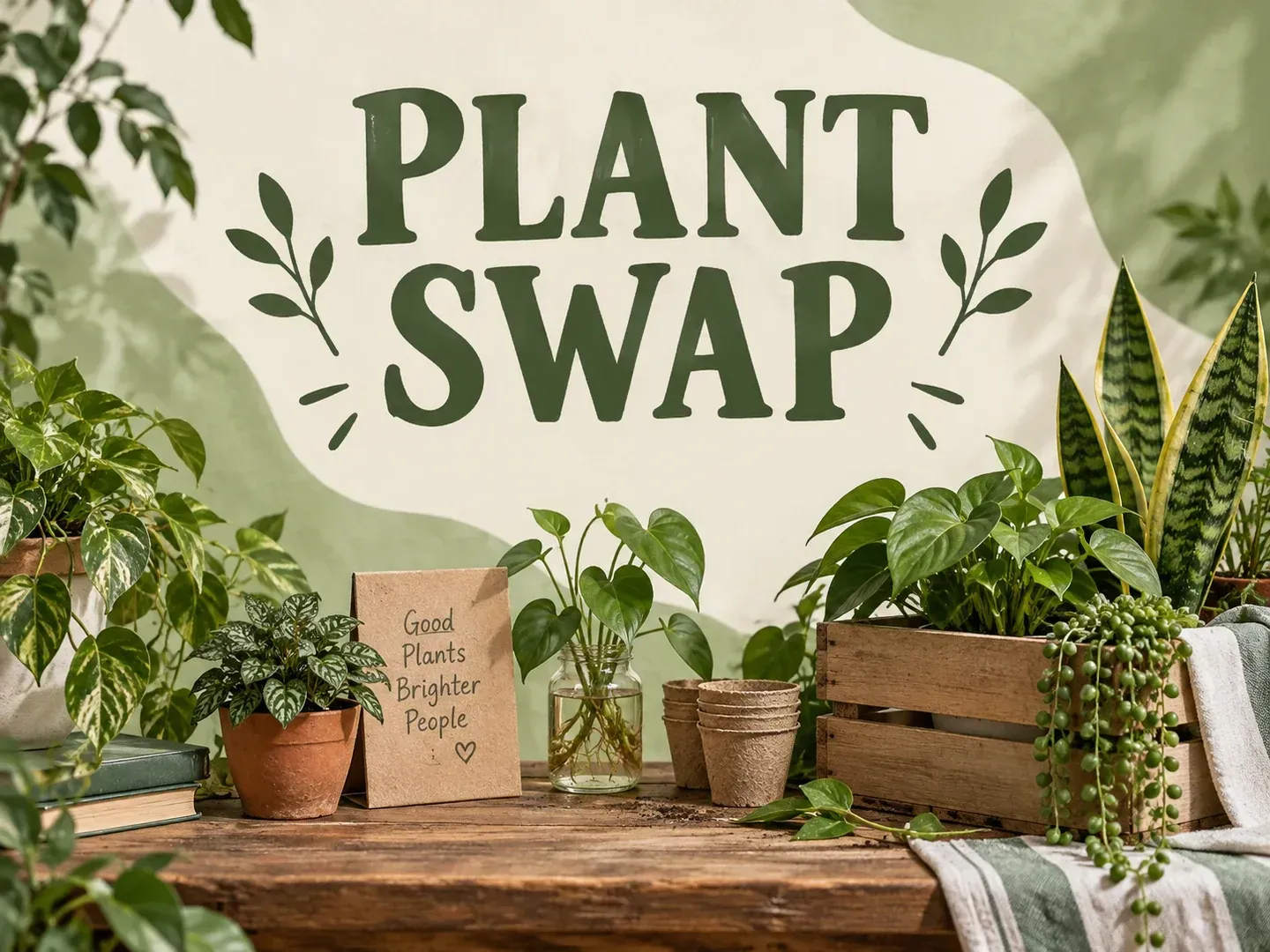 A botanical flyer design concept with the exact headline PLANT SWAP and a clear green and cream composition