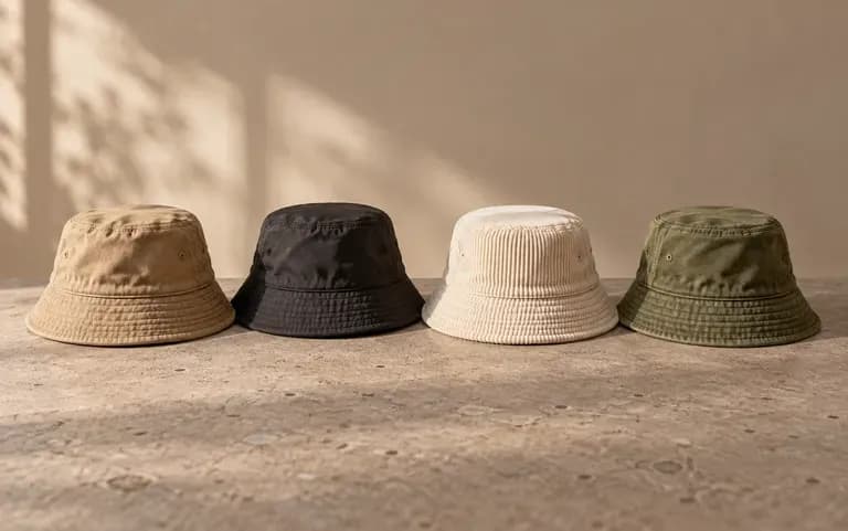 A bucket hat in four fabric and color variants