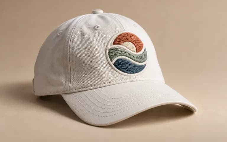 A brand logo shown as embroidery on a cap front