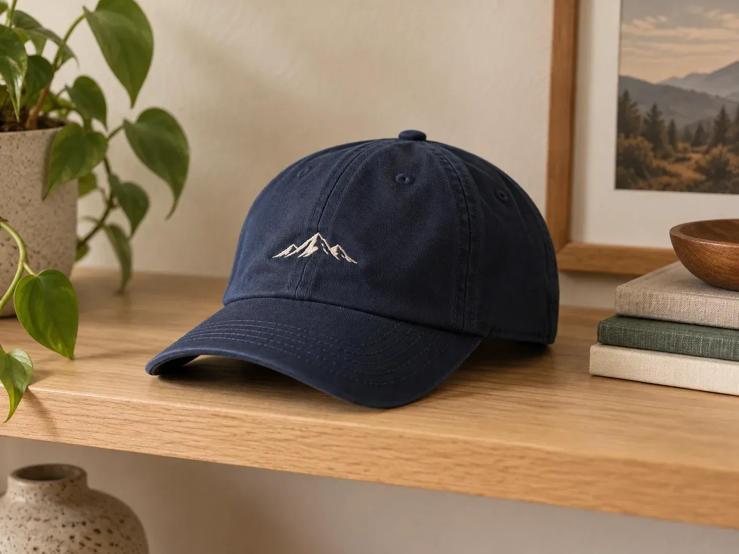 A baseball cap rendered from a short brief with a front logo