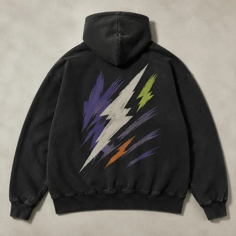 A close-up of a large back print graphic on a hoodie